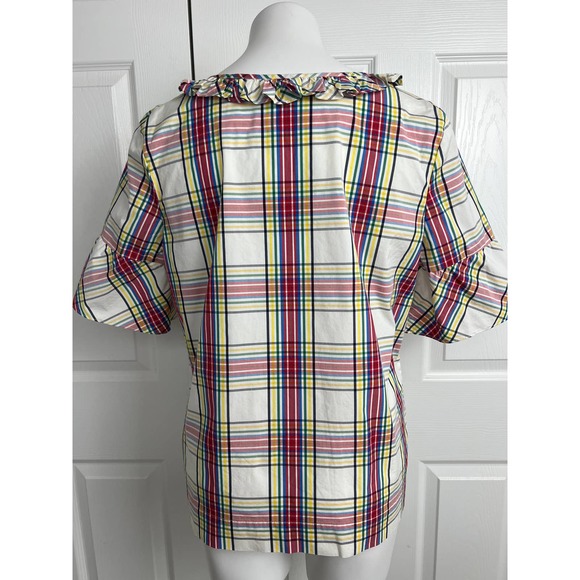 Talbots Short Sleeve Ruffle Top Cream Plaid Size LP - Picture 7 of 12